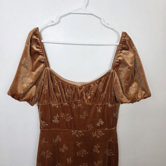 Lait Collection Orange Velvet Brielle Square Neckline Floral Midi Dress Large - Picture 3 of 8